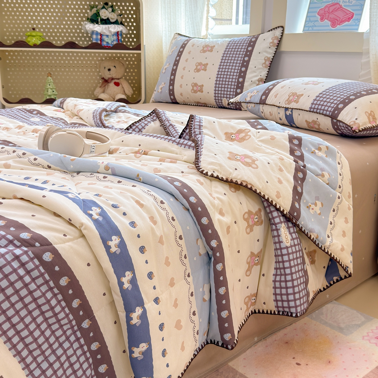 沐辰 2026新款A类贝壳边全棉纯棉棉花夏被夏凉被空调被 安睡小熊