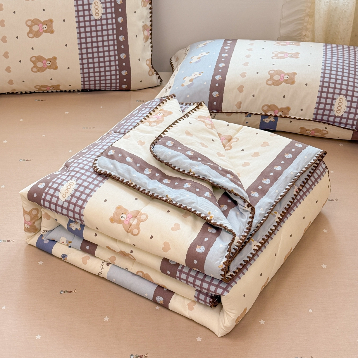 91家纺网 家纺一手货源 找家纺 沐辰 2026新款A类贝壳边全棉纯棉棉花夏被夏凉被空调被 安睡小熊