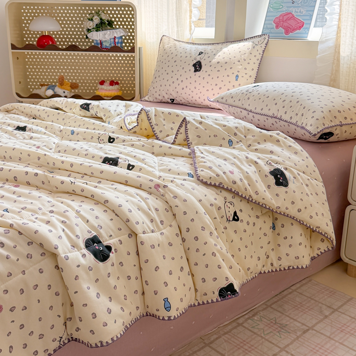 沐辰 2026新款A类贝壳边全棉纯棉棉花夏被夏凉被空调被 黑猫奶咖