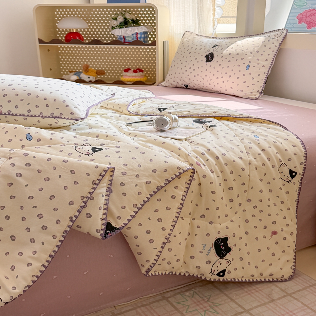 91家纺网 家纺一手货源 找家纺 沐辰 2026新款A类贝壳边全棉纯棉棉花夏被夏凉被空调被 黑猫奶咖