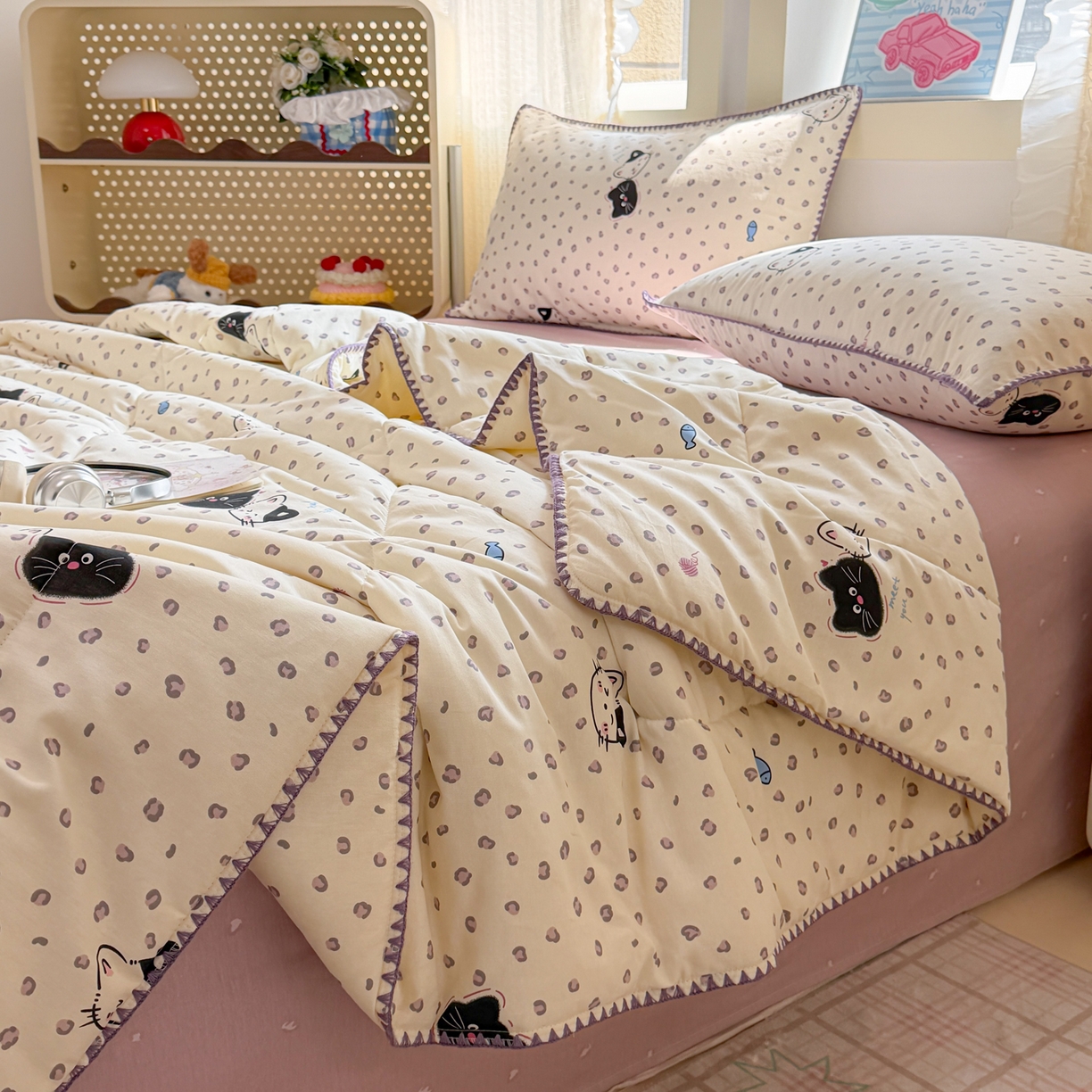 91家纺网 家纺一手货源 找家纺 沐辰 2026新款A类贝壳边全棉纯棉棉花夏被夏凉被空调被 黑猫奶咖