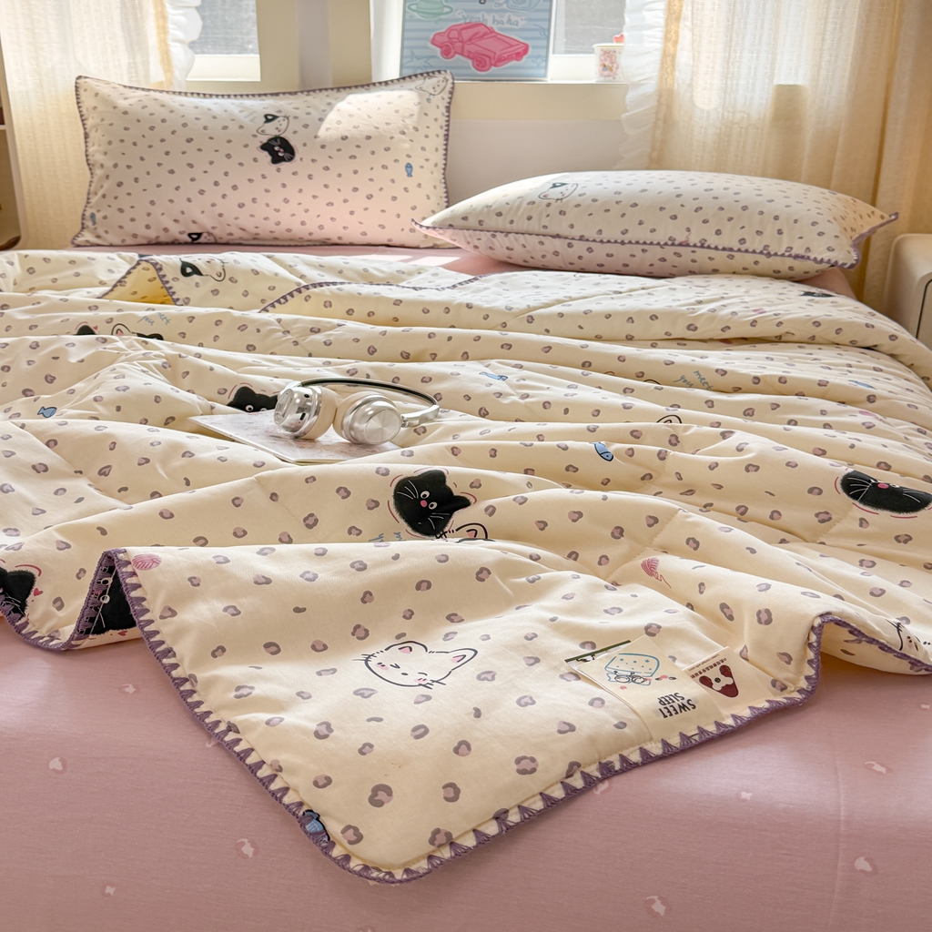 91家纺网 家纺一手货源 找家纺 沐辰 2026新款A类贝壳边全棉纯棉棉花夏被夏凉被空调被 黑猫奶咖