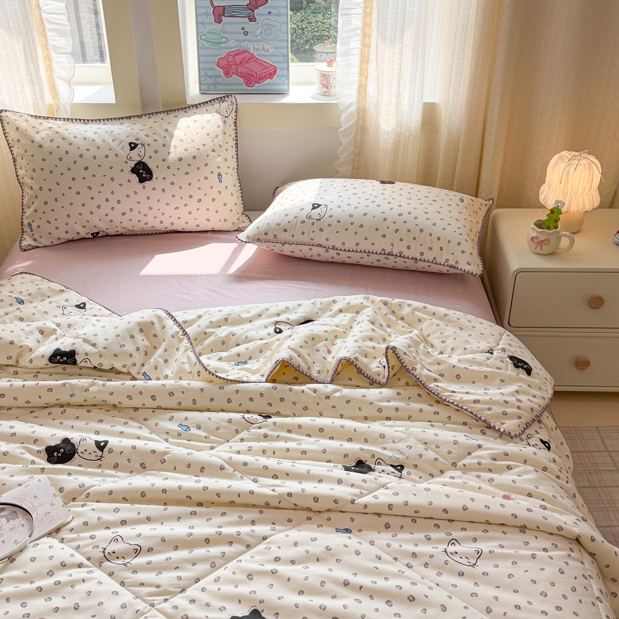 91家纺网 家纺一手货源 找家纺 沐辰 2026新款A类贝壳边全棉纯棉棉花夏被夏凉被空调被 黑猫奶咖