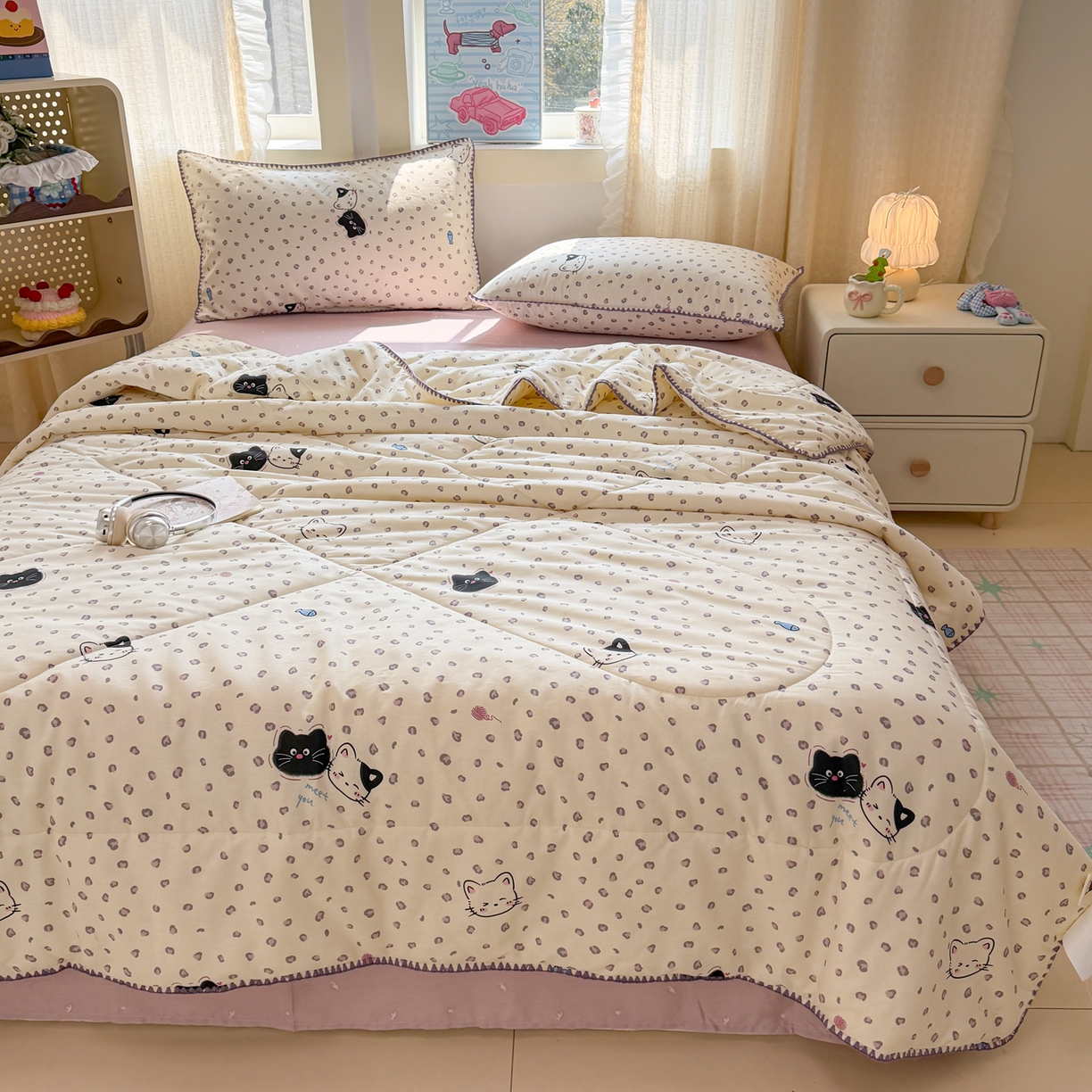 91家纺网 家纺一手货源 找家纺 沐辰 2026新款A类贝壳边全棉纯棉棉花夏被夏凉被空调被 黑猫奶咖