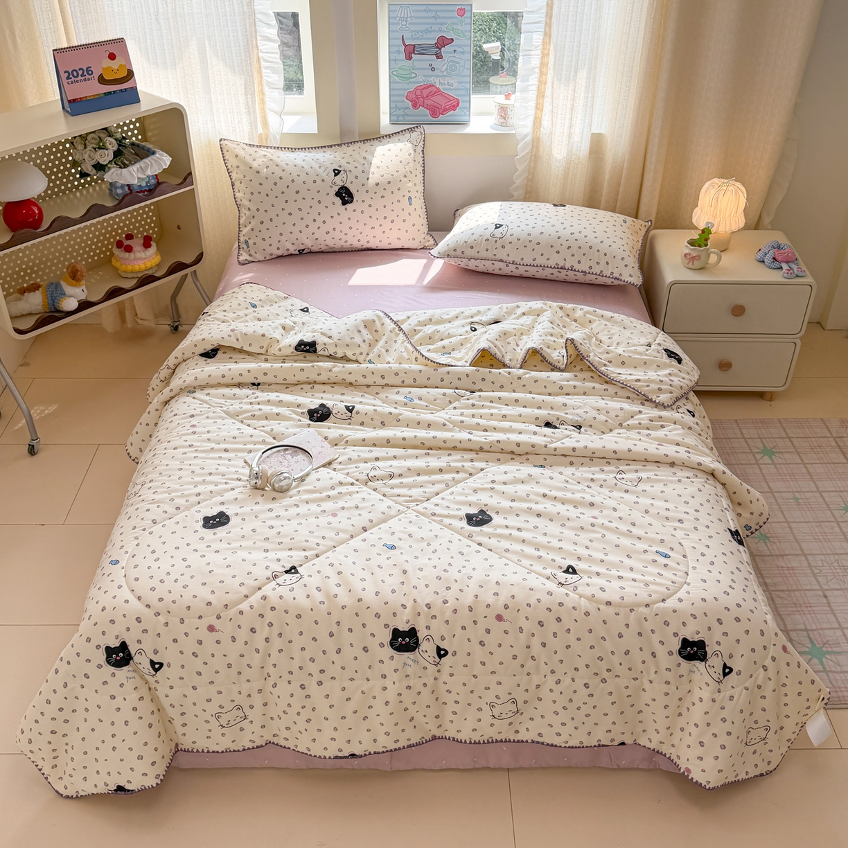 91家纺网 家纺一手货源 找家纺 沐辰 2026新款A类贝壳边全棉纯棉棉花夏被夏凉被空调被 黑猫奶咖