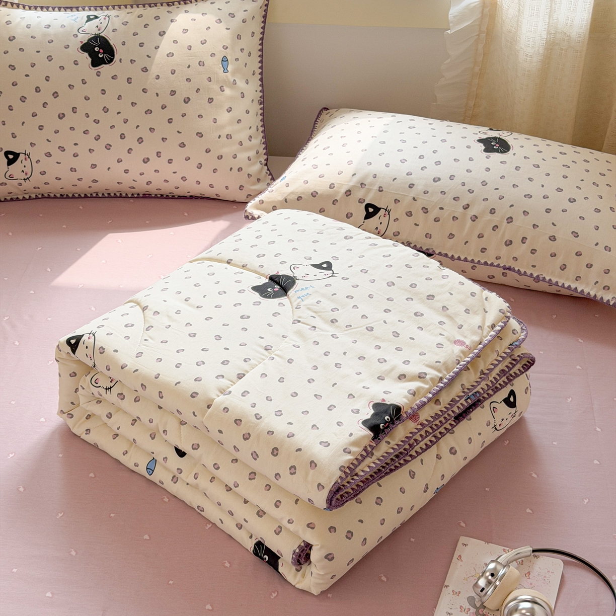 91家纺网 家纺一手货源 找家纺 沐辰 2026新款A类贝壳边全棉纯棉棉花夏被夏凉被空调被 黑猫奶咖