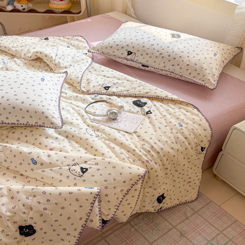 91家纺网 家纺一手货源 找家纺 沐辰 2026新款A类贝壳边全棉纯棉棉花夏被夏凉被空调被 黑猫奶咖