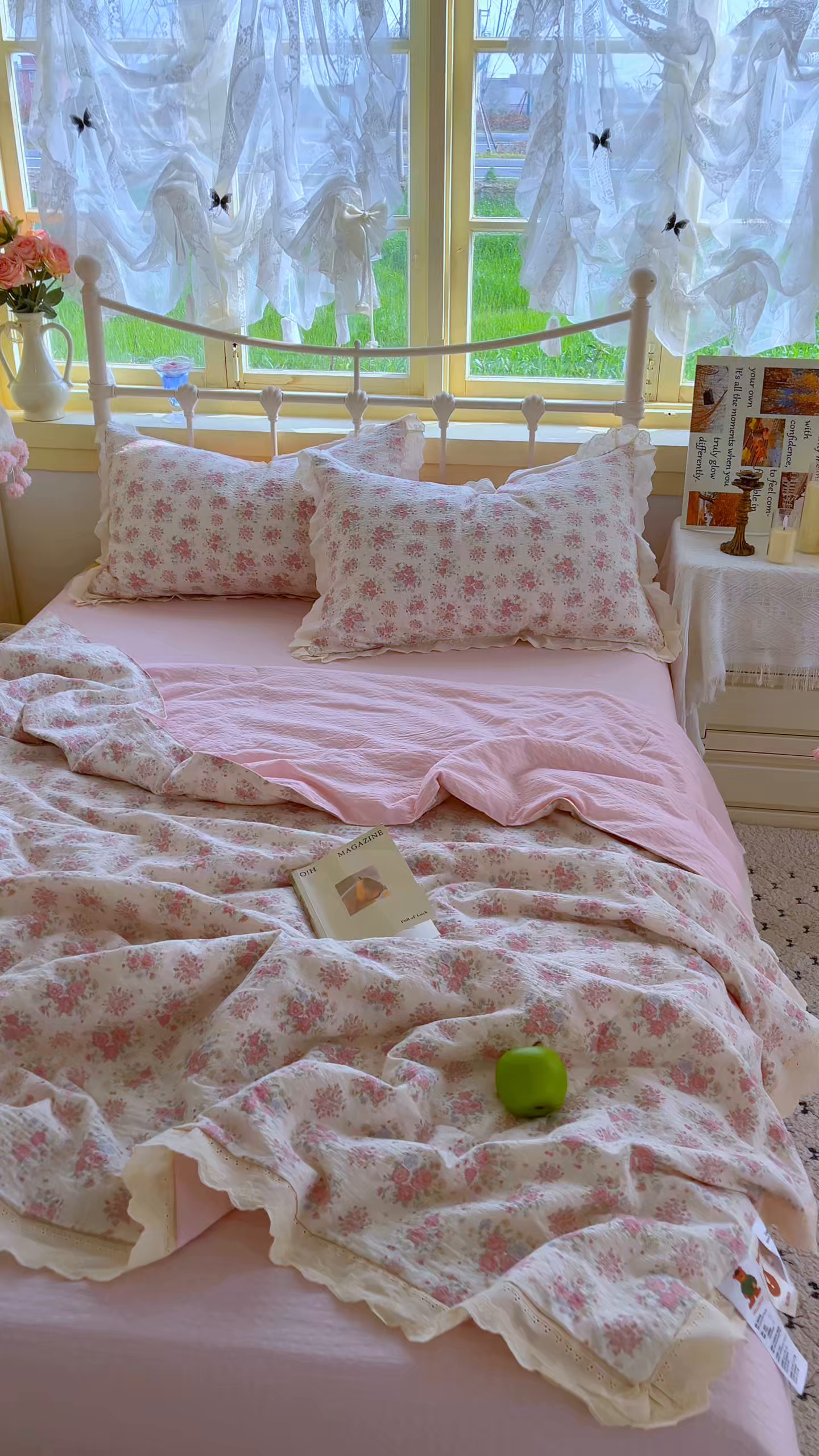 91家纺网 家纺一手货源 找家纺 金梦拉家纺 2026新款全棉花边系列泡芙纱泡泡纱夏被夏凉被空调被四件套 花漾浅梦