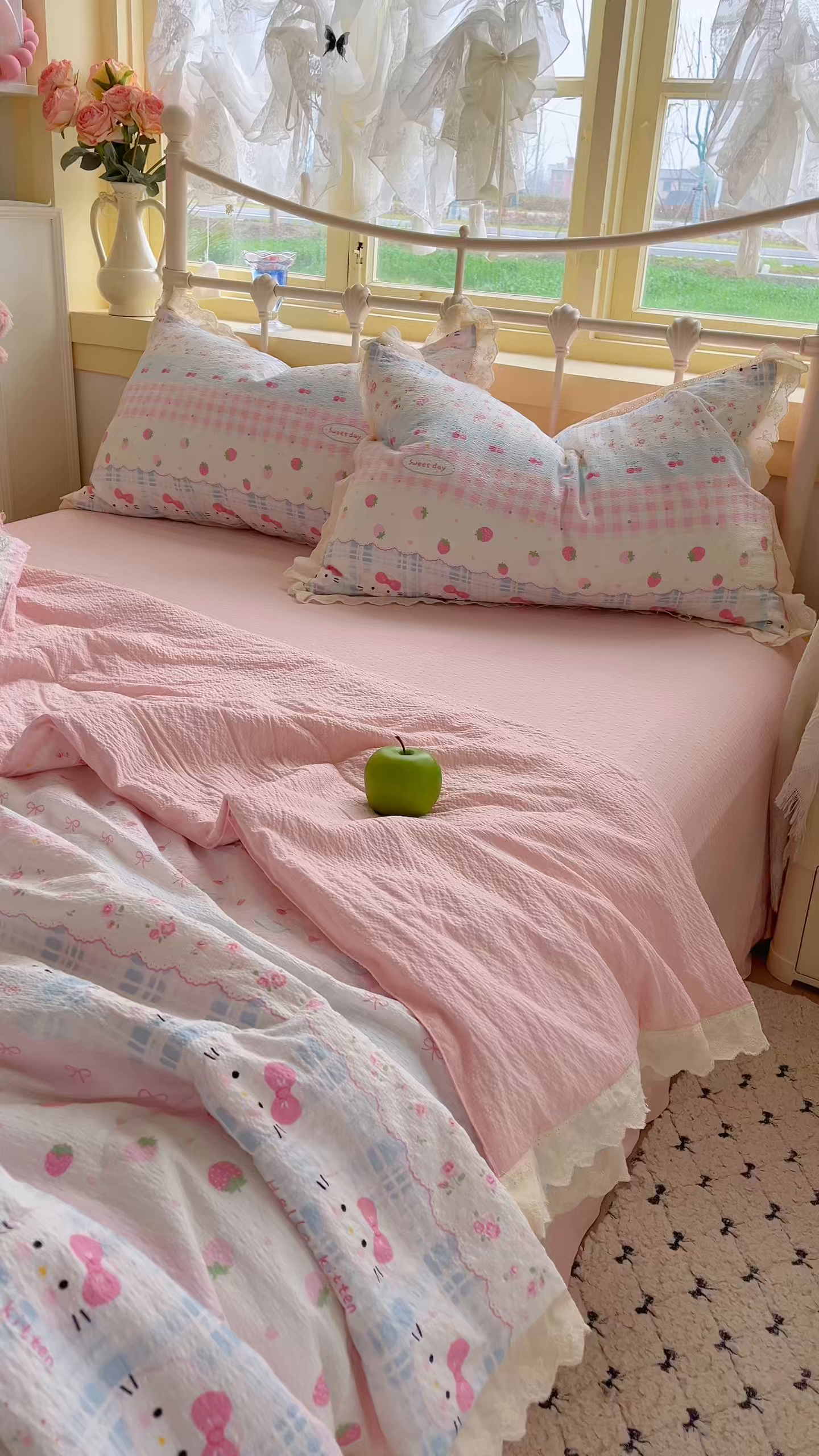 91家纺网 家纺一手货源 找家纺 金梦拉家纺 2026新款全棉花边系列泡芙纱泡泡纱夏被夏凉被空调被四件套 粉蓝KT