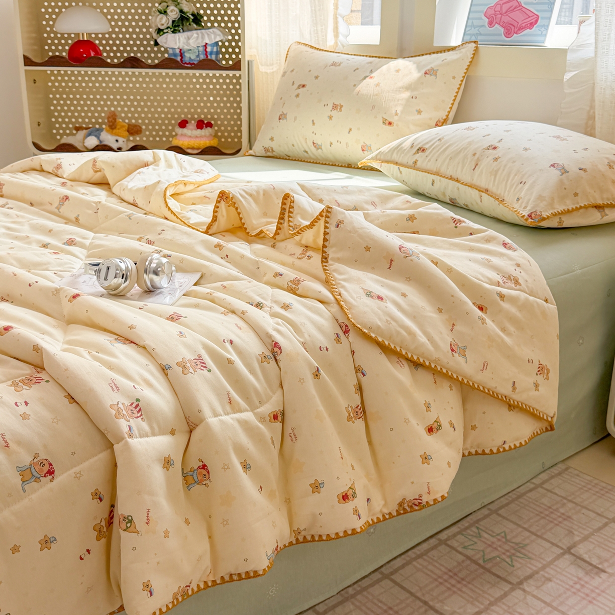 沐辰 2026新款A类贝壳边全棉纯棉棉花夏被夏凉被空调被 奶熊甜梦