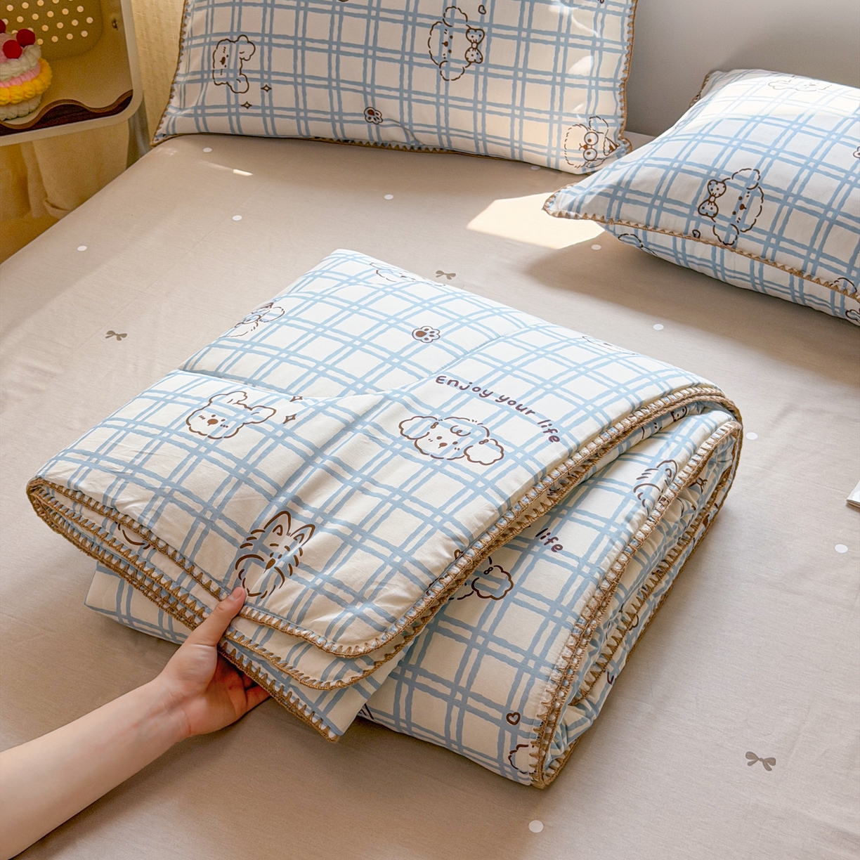 91家纺网 家纺一手货源 找家纺 沐辰 2026新款A类贝壳边全棉纯棉棉花夏被夏凉被空调被 治愈小狗