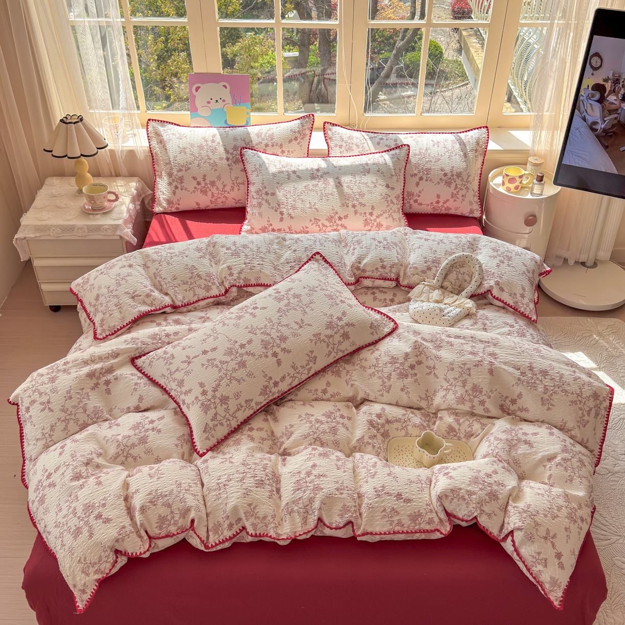 91家纺网 家纺一手货源 找家纺 仟网汇 2026新款贝壳边泡芙纱三角针四件套 丽莎