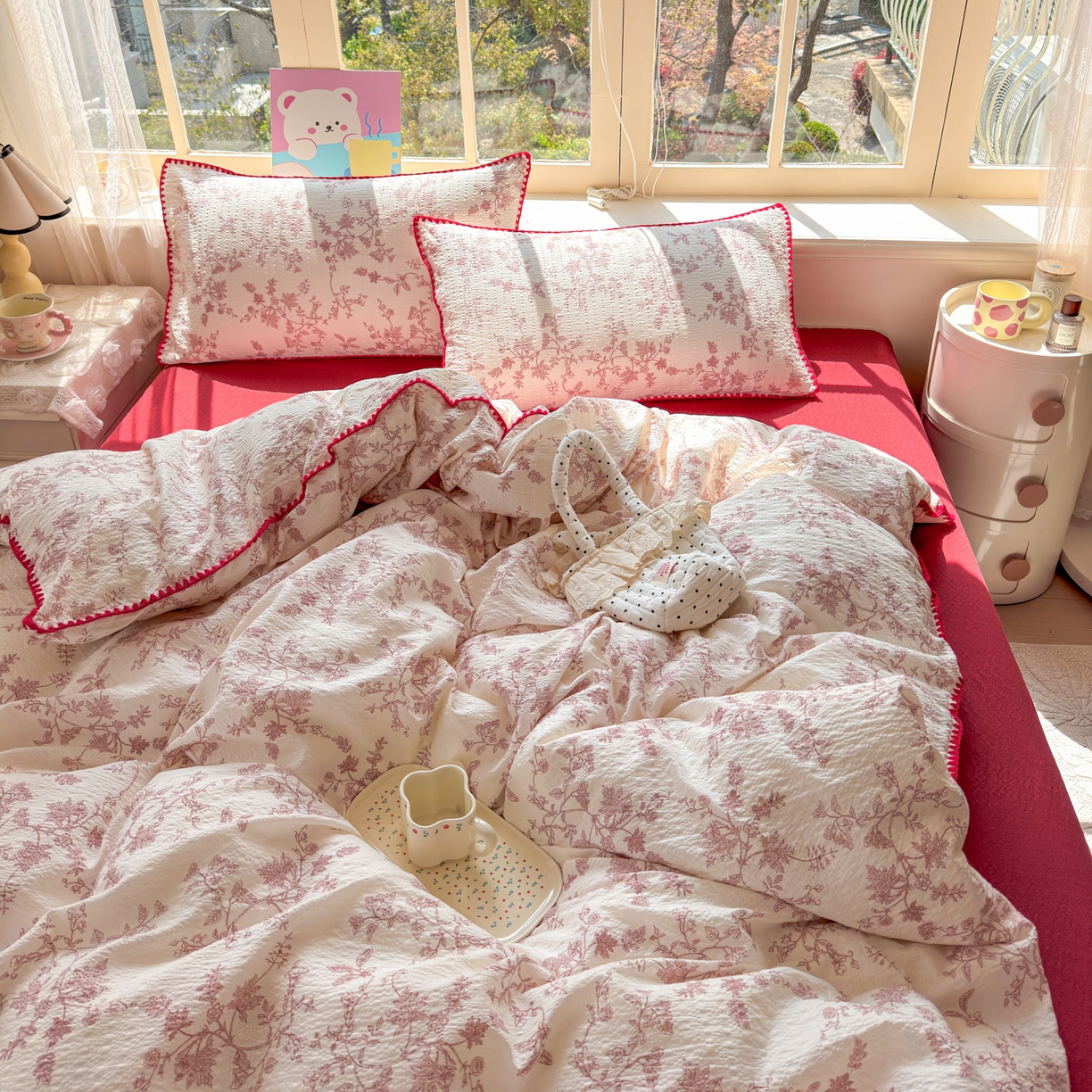 91家纺网 家纺一手货源 找家纺 仟网汇 2026新款贝壳边泡芙纱三角针四件套 丽莎