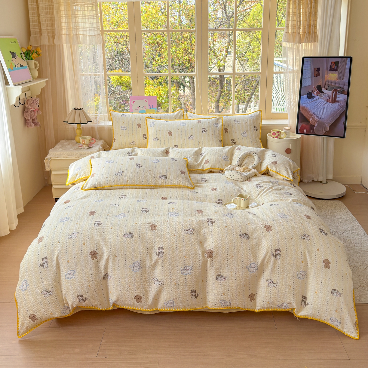 91家纺网 家纺一手货源 找家纺 仟网汇 2026新款贝壳边泡芙纱三角针四件套 奶油小狗