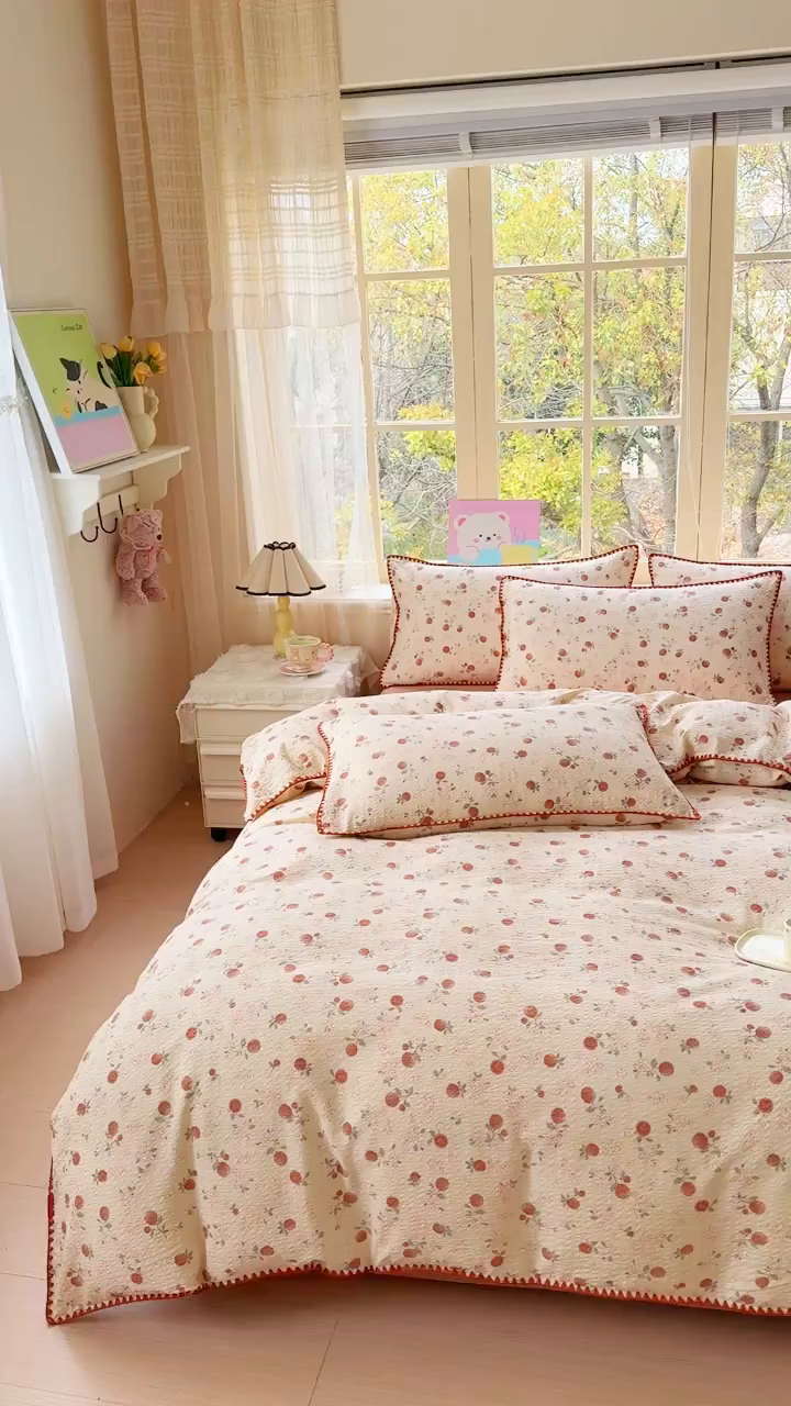 91家纺网 家纺一手货源 找家纺 仟网汇 2026新款贝壳边泡芙纱三角针四件套 柿柿如意