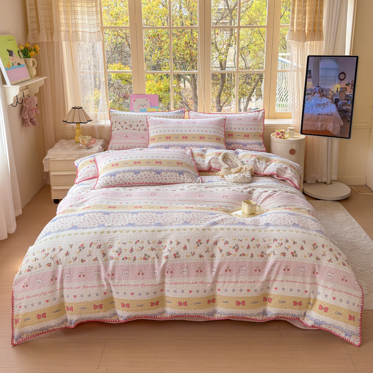 91家纺网 家纺一手货源 找家纺 仟网汇 2026新款贝壳边泡芙纱三角针四件套 甜心小兔