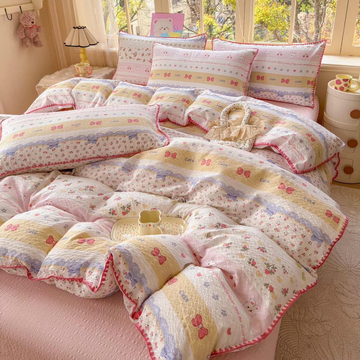 91家纺网 家纺一手货源 找家纺 仟网汇 2026新款贝壳边泡芙纱三角针四件套 甜心小兔