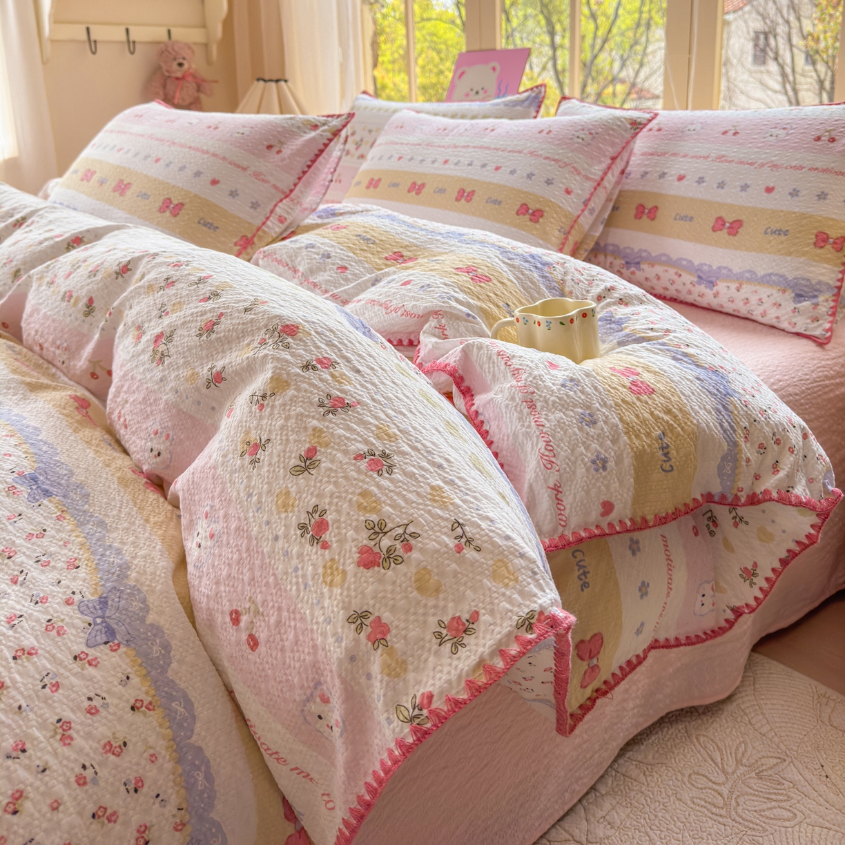 91家纺网 家纺一手货源 找家纺 仟网汇 2026新款贝壳边泡芙纱三角针四件套 甜心小兔