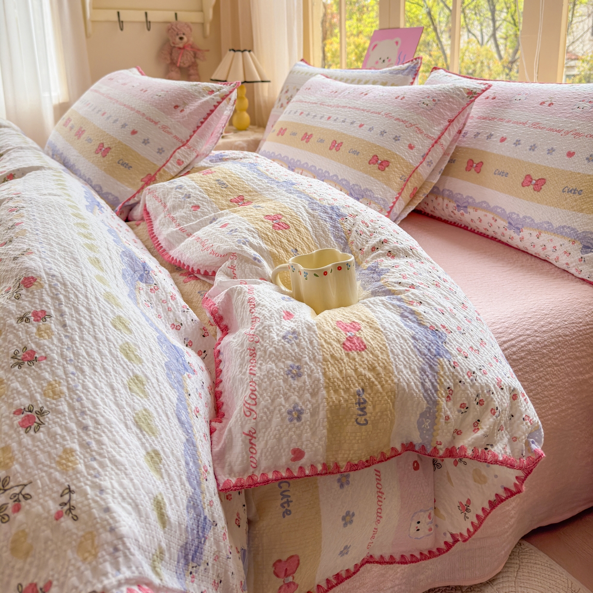 91家纺网 家纺一手货源 找家纺 仟网汇 2026新款贝壳边泡芙纱三角针四件套 甜心小兔