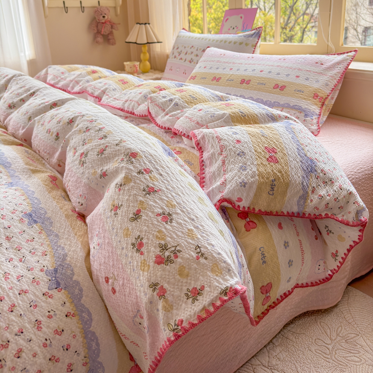 91家纺网 家纺一手货源 找家纺 仟网汇 2026新款贝壳边泡芙纱三角针四件套 甜心小兔