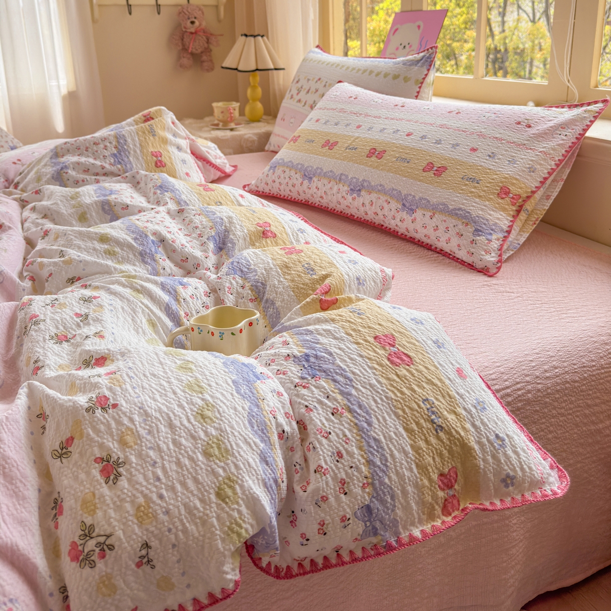 91家纺网 家纺一手货源 找家纺 仟网汇 2026新款贝壳边泡芙纱三角针四件套 甜心小兔