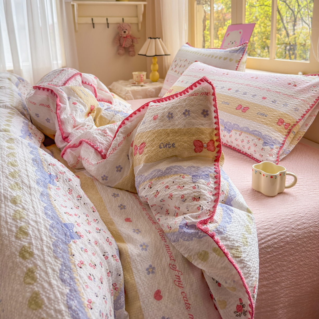 91家纺网 家纺一手货源 找家纺 仟网汇 2026新款贝壳边泡芙纱三角针四件套 甜心小兔