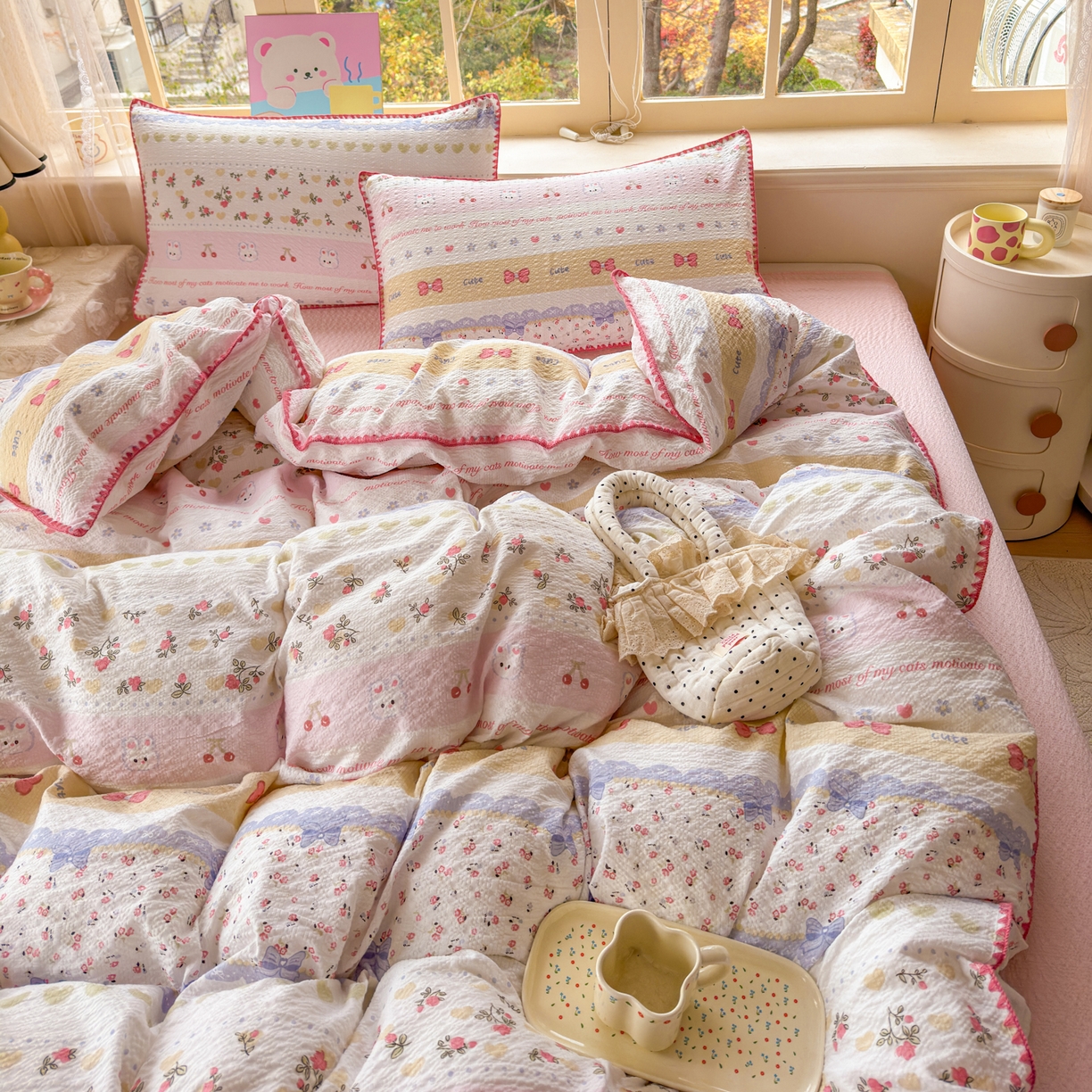 91家纺网 家纺一手货源 找家纺 仟网汇 2026新款贝壳边泡芙纱三角针四件套 甜心小兔