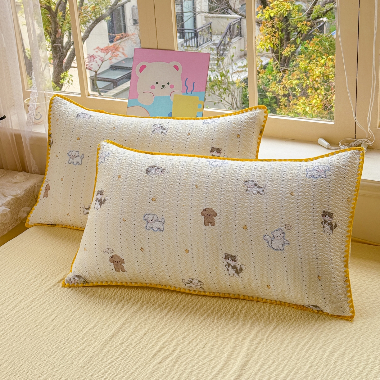 91家纺网 家纺一手货源 找家纺 仟网汇 2026新款贝壳边泡芙纱三角针夏被四件套 奶油小狗