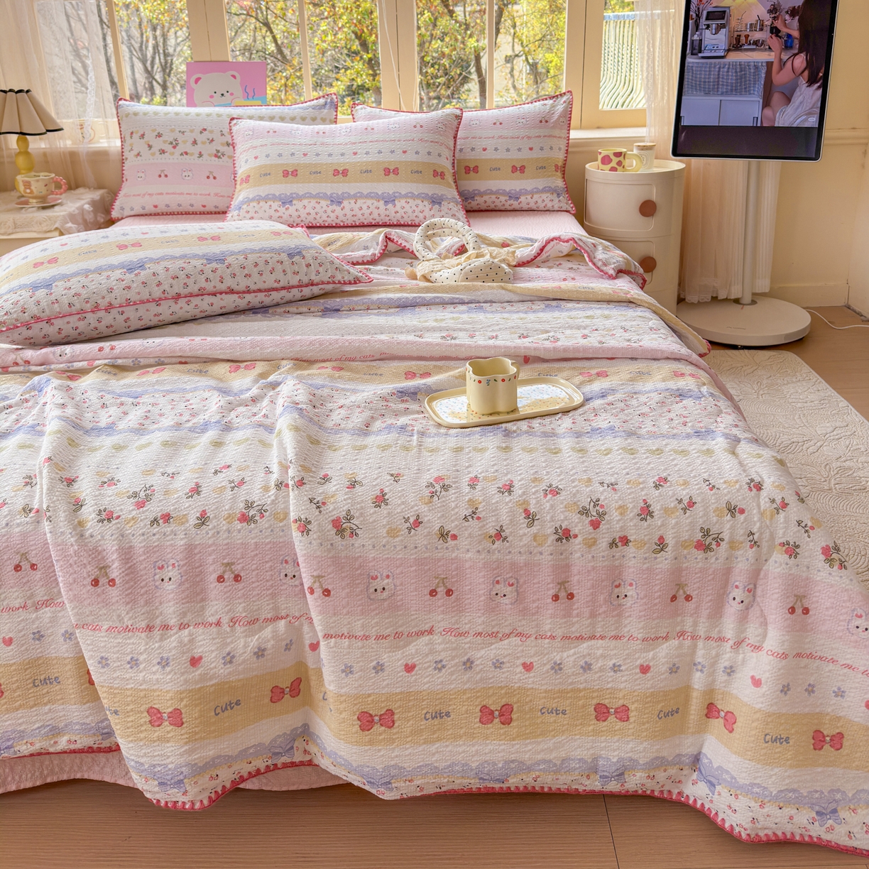 91家纺网 家纺一手货源 找家纺 仟网汇 2026新款贝壳边泡芙纱三角针夏被四件套 甜心小兔