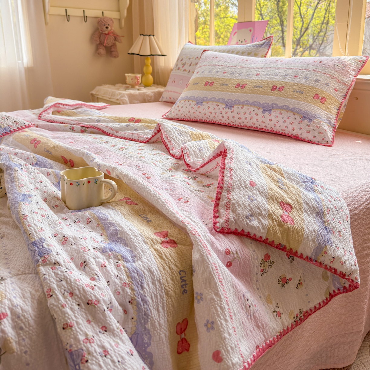 91家纺网 家纺一手货源 找家纺 仟网汇 2026新款贝壳边泡芙纱三角针夏被四件套 甜心小兔