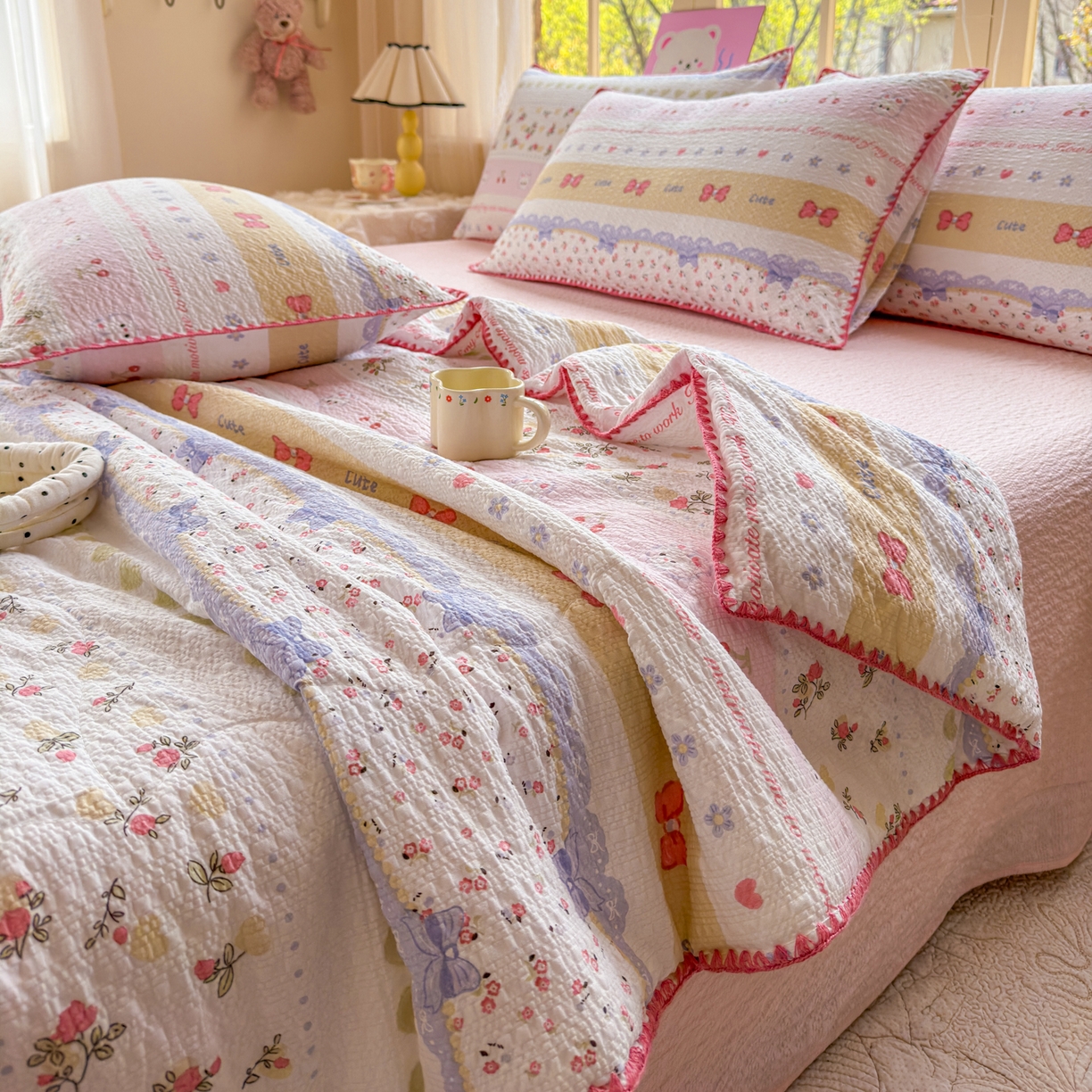 91家纺网 家纺一手货源 找家纺 仟网汇 2026新款贝壳边泡芙纱三角针夏被四件套 甜心小兔