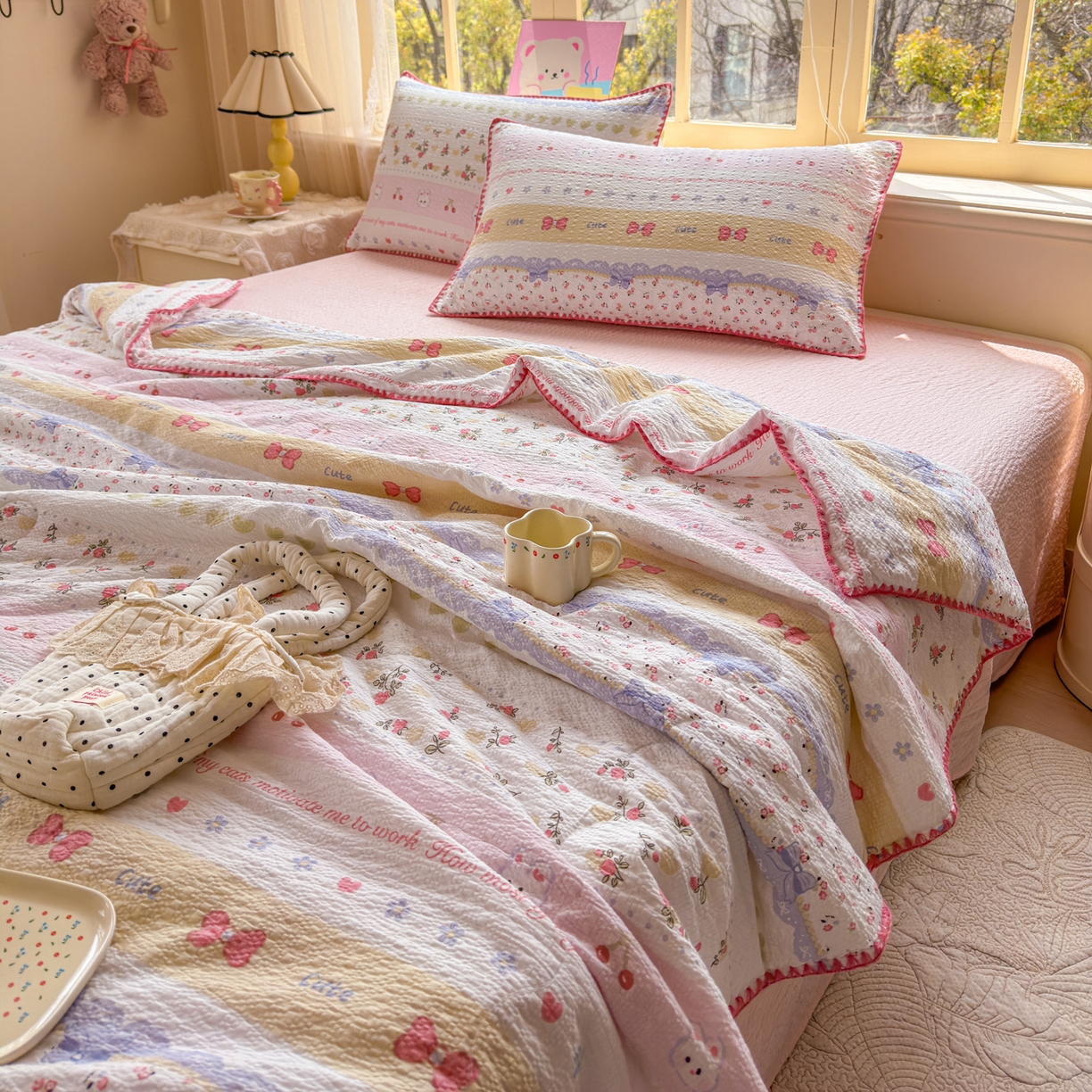 91家纺网 家纺一手货源 找家纺 仟网汇 2026新款贝壳边泡芙纱三角针夏被四件套 甜心小兔