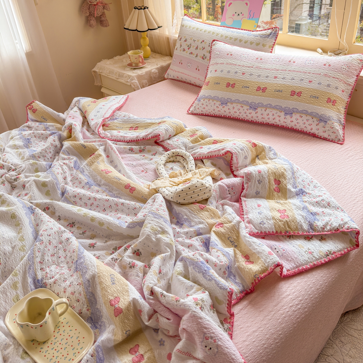 91家纺网 家纺一手货源 找家纺 仟网汇 2026新款贝壳边泡芙纱三角针夏被四件套 甜心小兔