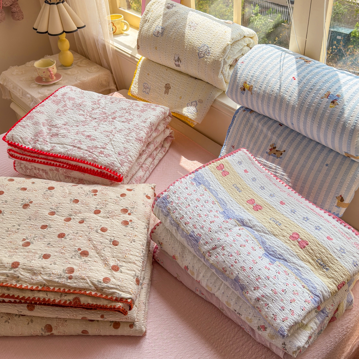 91家纺网 家纺一手货源 找家纺 仟网汇 2026新款贝壳边泡芙纱三角针夏被四件套 夏被叠拍