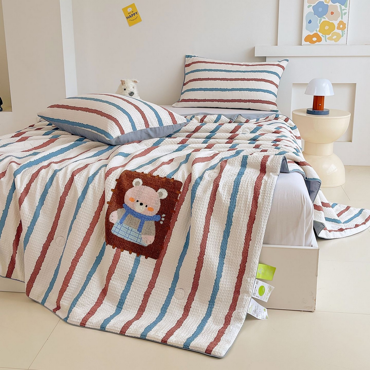 91家纺网 家纺一手货源 找家纺 （总）莱宁被业 2026新款A类全棉华夫格提花毛巾绣卡通大豆夏被