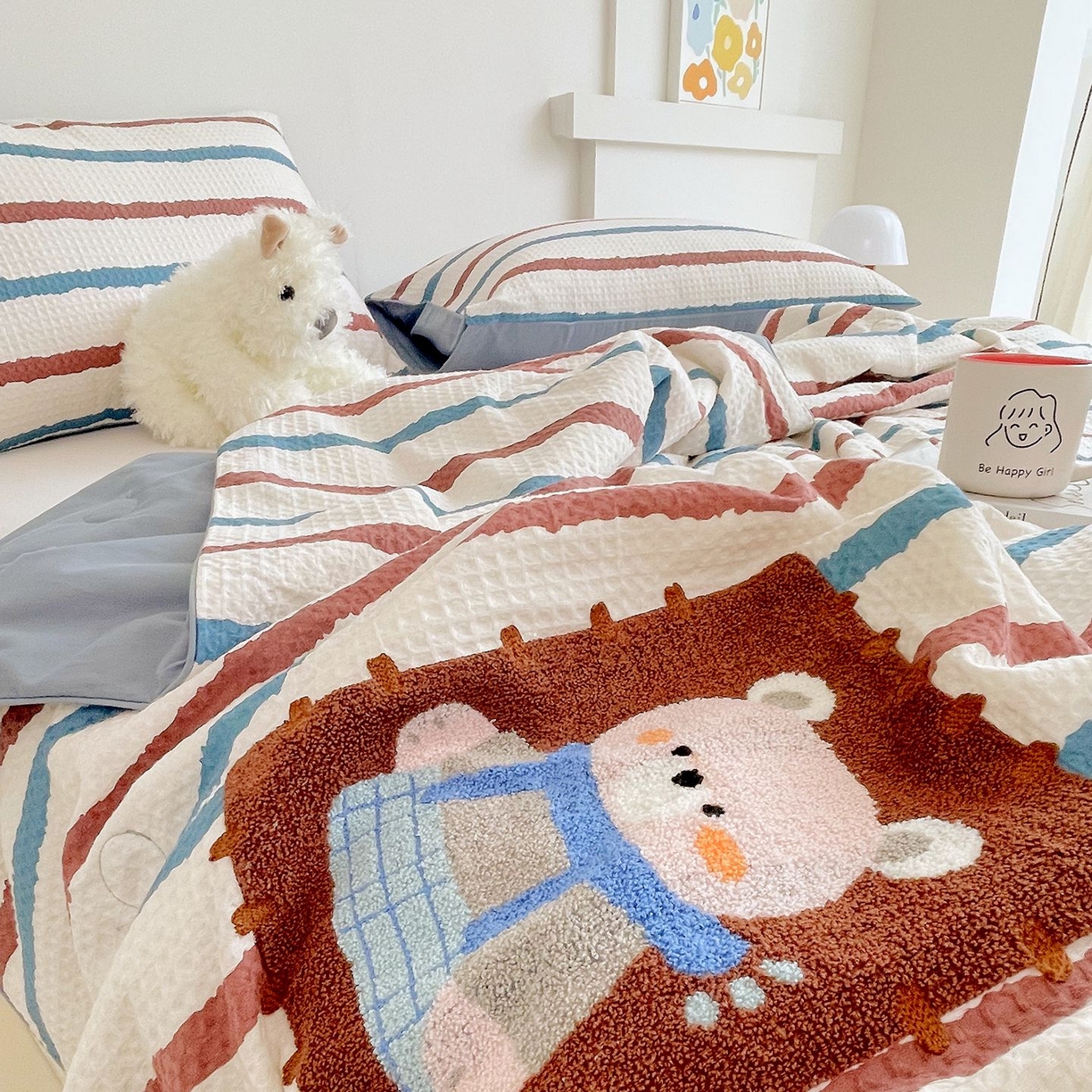 91家纺网 家纺一手货源 找家纺 （总）莱宁被业 2026新款A类全棉华夫格提花毛巾绣卡通大豆夏被