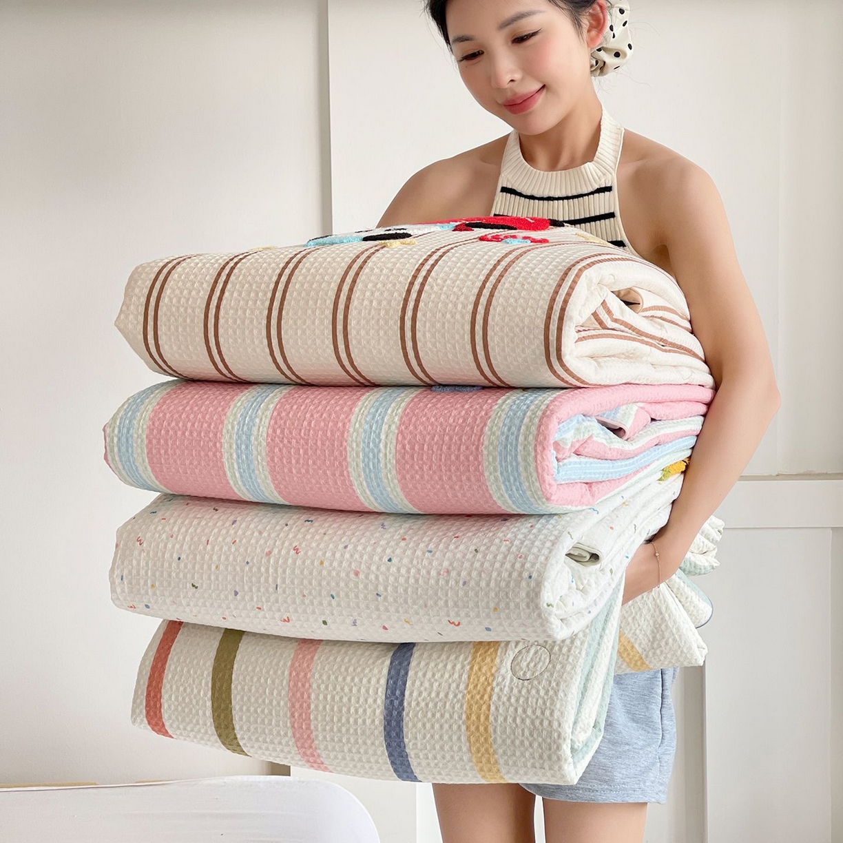 莱宁被业 2026新款A类全棉华夫格提花毛巾绣卡通大豆夏被 组合图