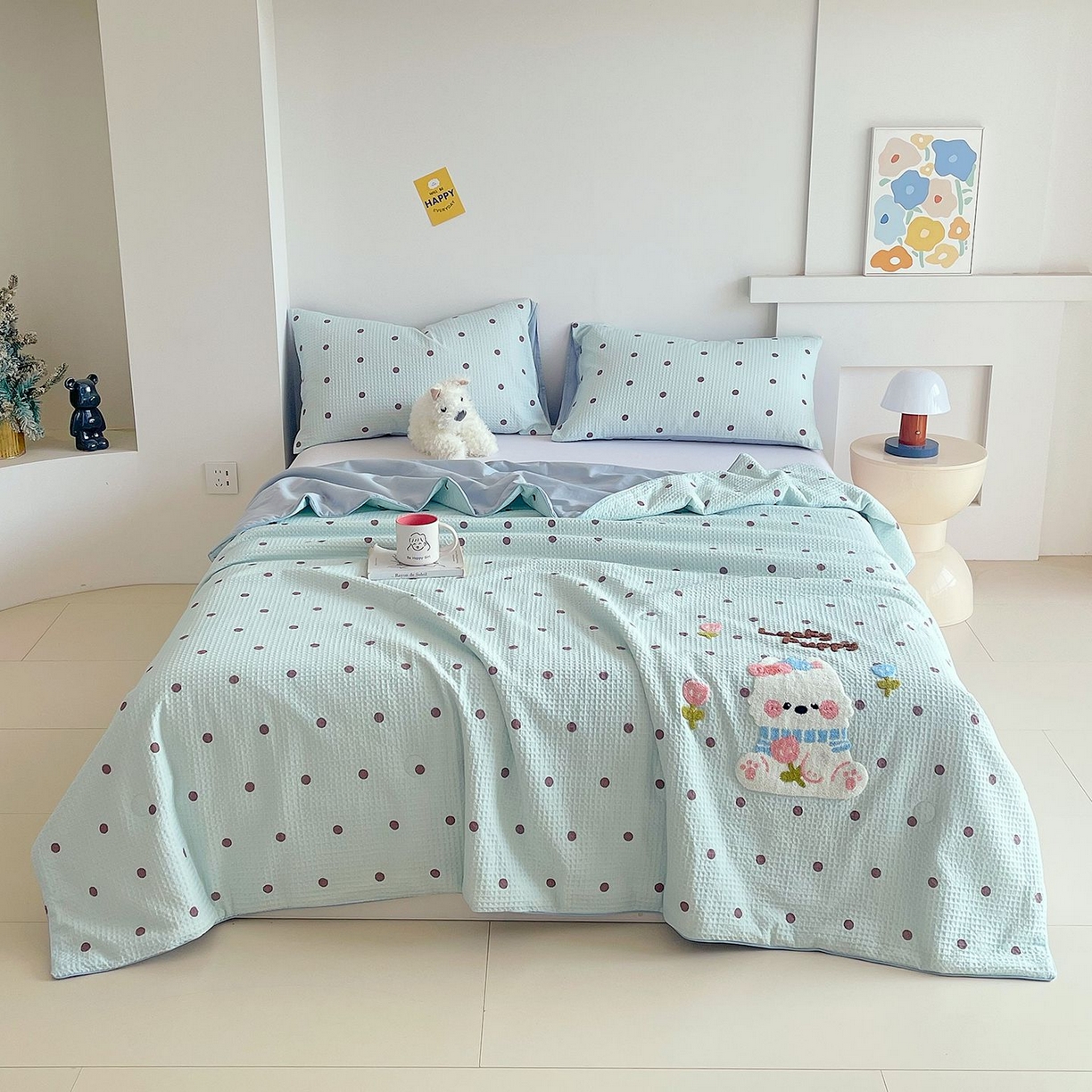 91家纺网 家纺一手货源 找家纺 莱宁被业 2026新款A类全棉华夫格提花毛巾绣卡通大豆夏被 萌宠西高地