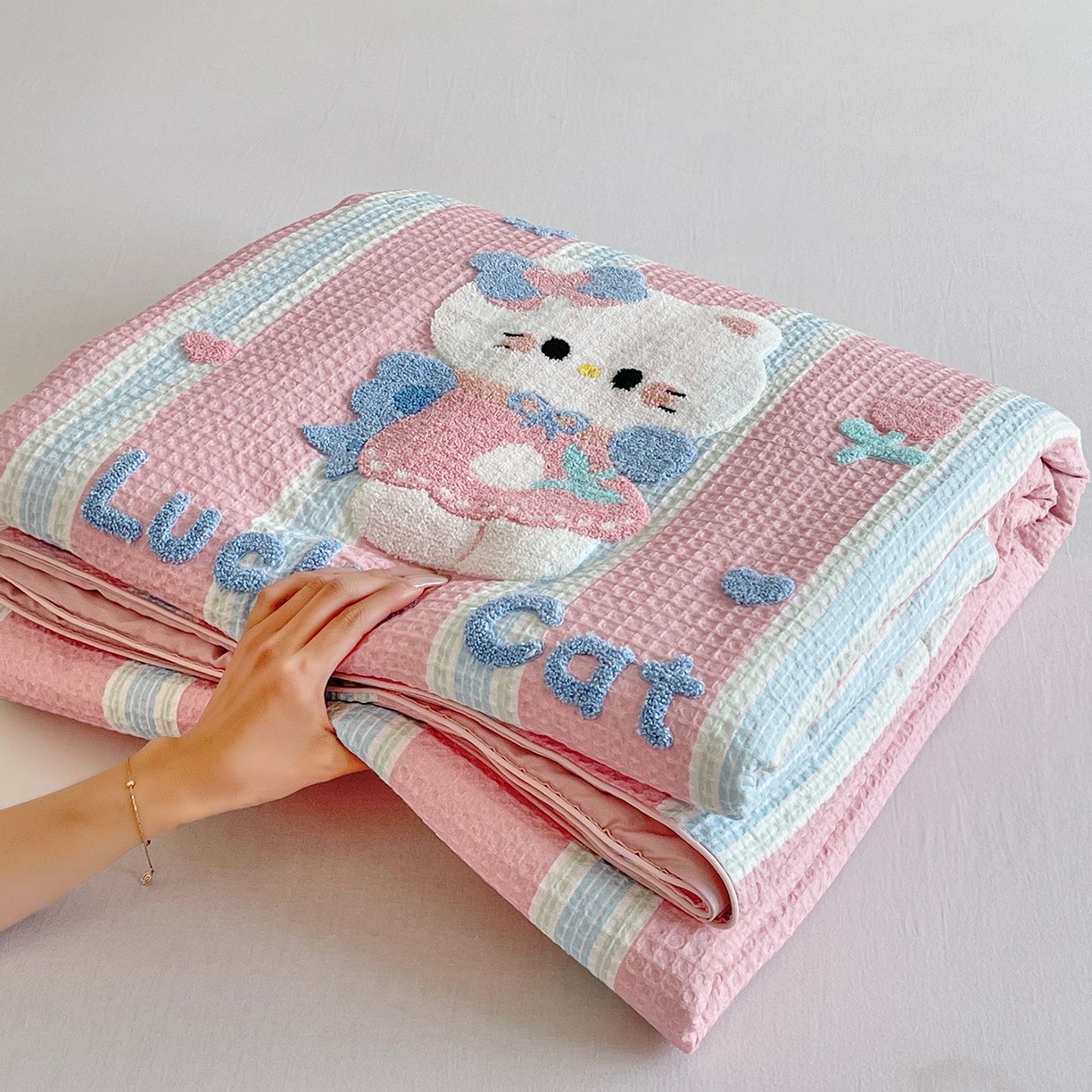 莱宁被业 2026新款A类全棉华夫格提花毛巾绣卡通大豆夏被 粉色小喵