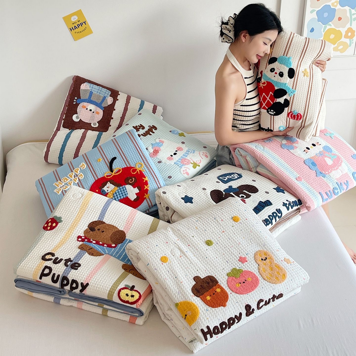 91家纺网 家纺一手货源 找家纺 莱宁被业 2026新款A类全棉华夫格提花毛巾绣卡通大豆夏被 组合图