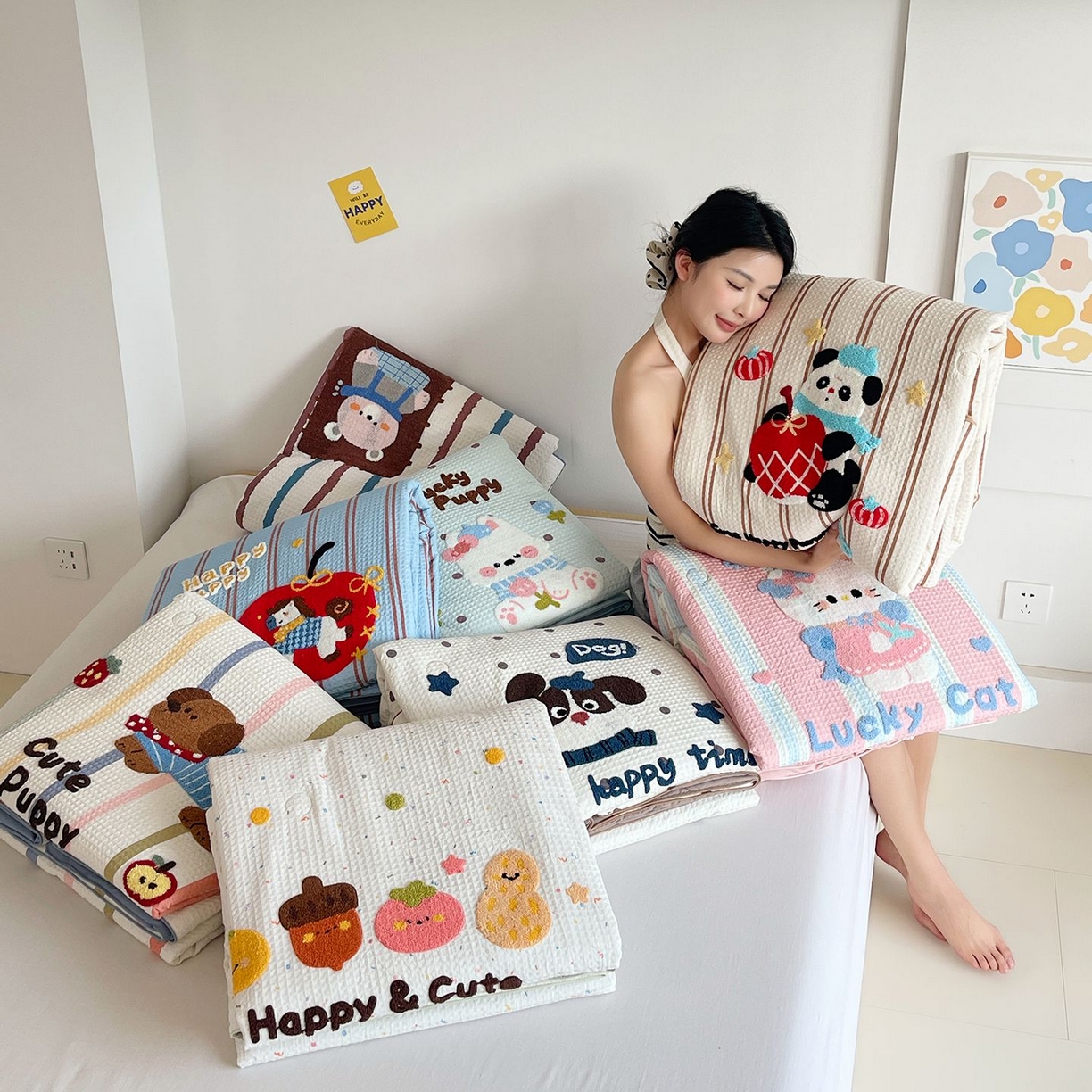 91家纺网 家纺一手货源 找家纺 莱宁被业 2026新款A类全棉华夫格提花毛巾绣卡通大豆夏被 组合图