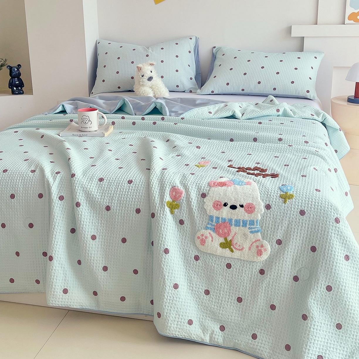 91家纺网 家纺一手货源 找家纺 莱宁被业 2026新款A类全棉华夫格提花毛巾绣卡通大豆夏被 萌宠西高地