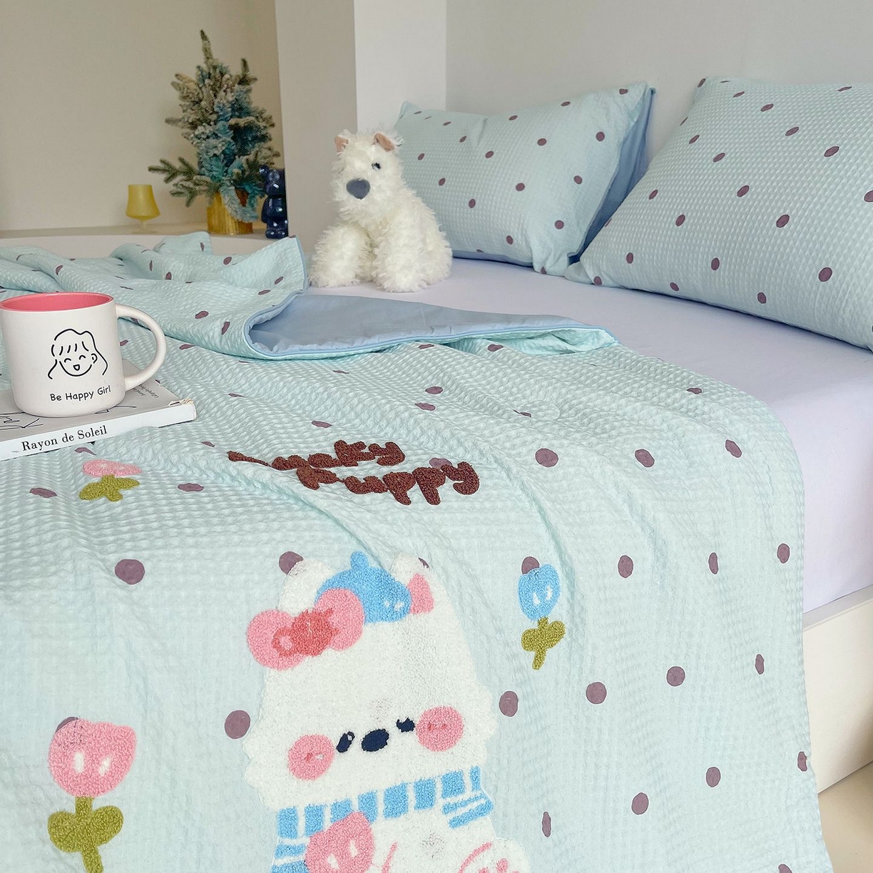 91家纺网 家纺一手货源 找家纺 莱宁被业 2026新款A类全棉华夫格提花毛巾绣卡通大豆夏被 萌宠西高地