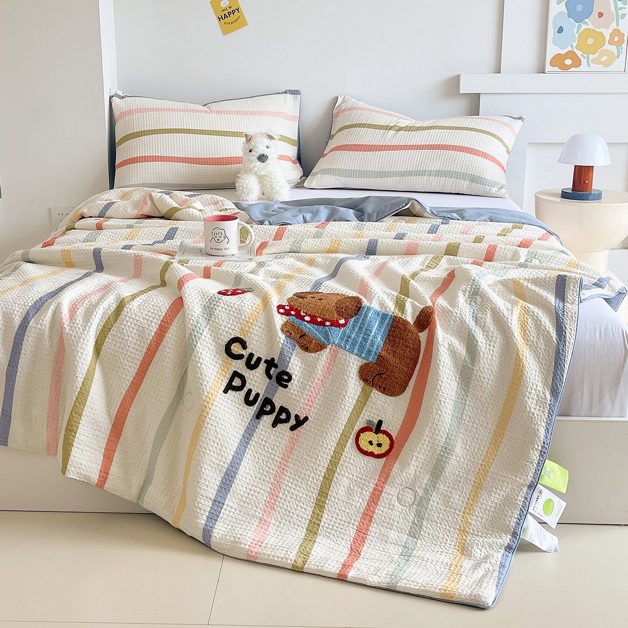 91家纺网 家纺一手货源 找家纺 莱宁被业 2026新款A类全棉华夫格提花毛巾绣卡通大豆夏被 莓莓狗