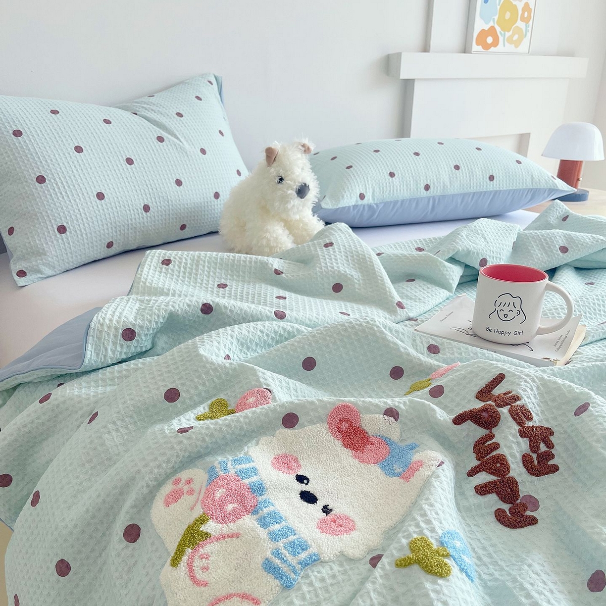 91家纺网 家纺一手货源 找家纺 莱宁被业 2026新款A类全棉华夫格提花毛巾绣卡通大豆夏被 萌宠西高地