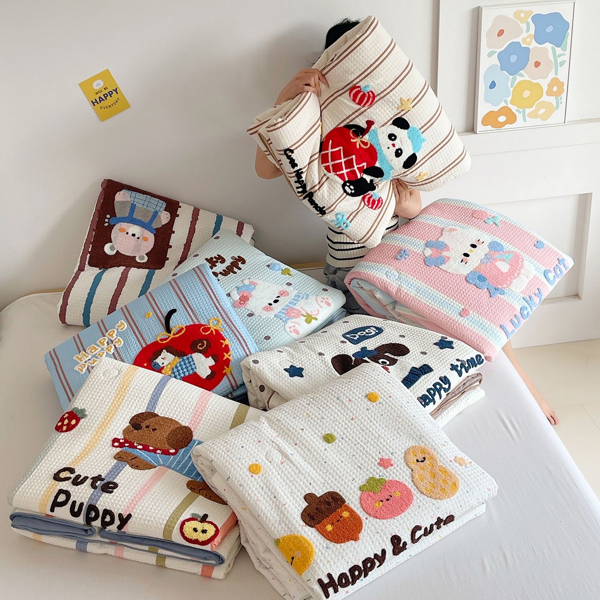 91家纺网 家纺一手货源 找家纺 莱宁被业 2026新款A类全棉华夫格提花毛巾绣卡通大豆夏被 组合图