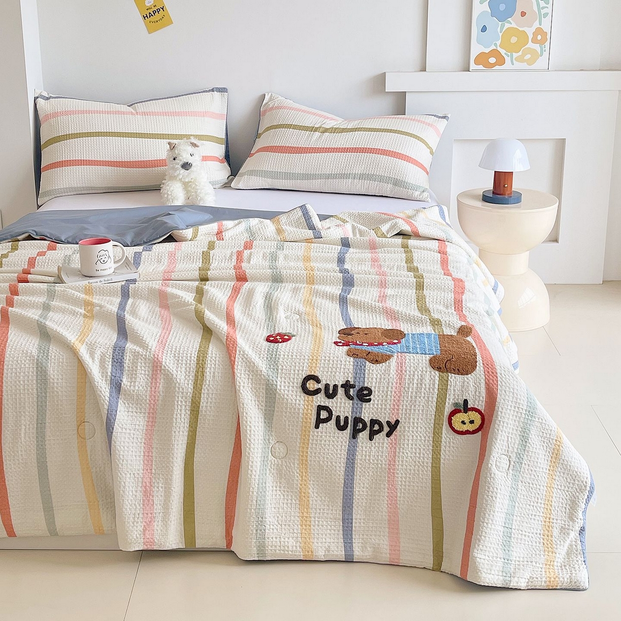 91家纺网 家纺一手货源 找家纺 莱宁被业 2026新款A类全棉华夫格提花毛巾绣卡通大豆夏被 莓莓狗