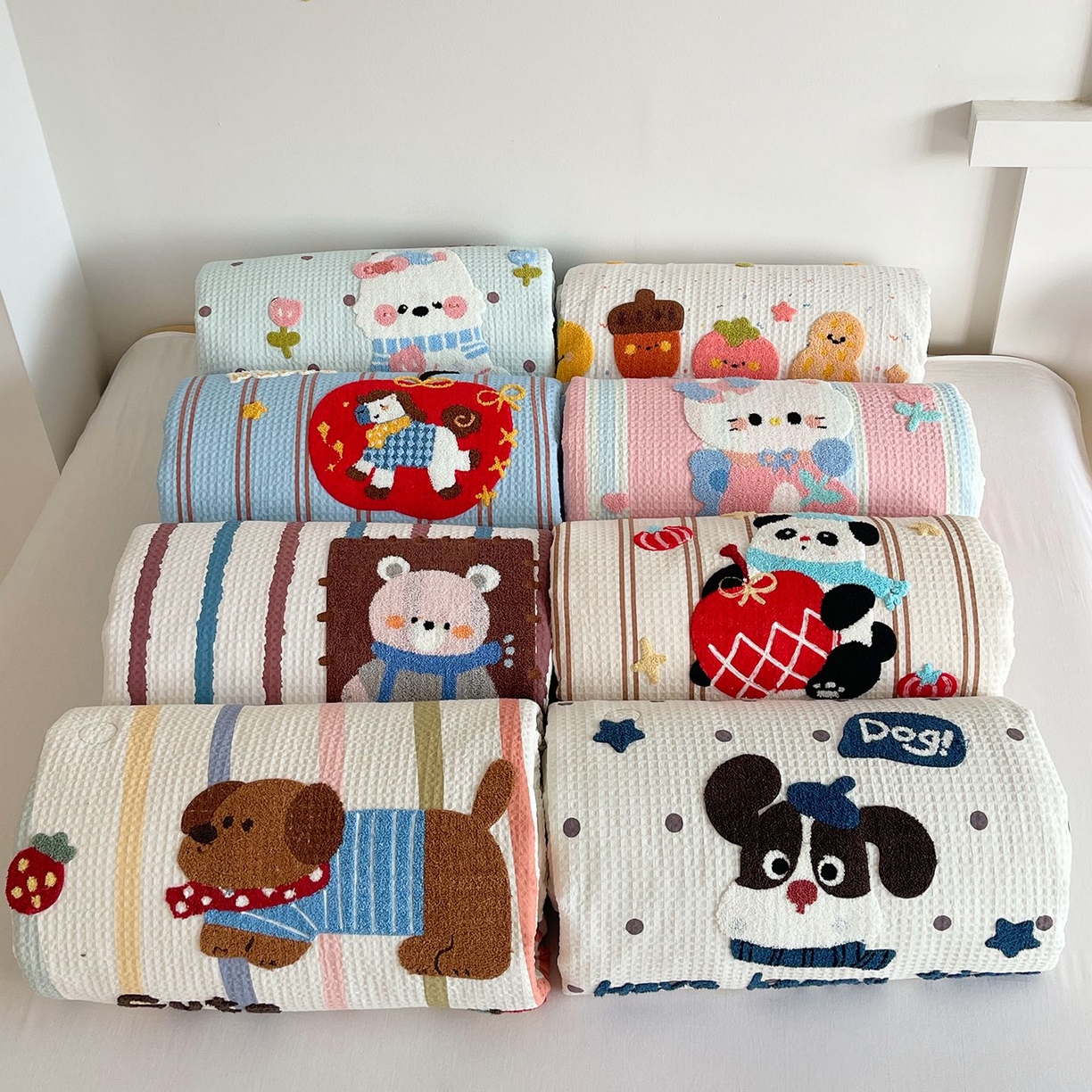 91家纺网 家纺一手货源 找家纺 莱宁被业 2026新款A类全棉华夫格提花毛巾绣卡通大豆夏被 组合图