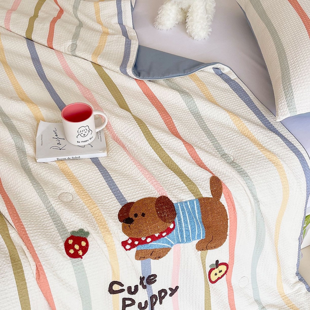 91家纺网 家纺一手货源 找家纺 莱宁被业 2026新款A类全棉华夫格提花毛巾绣卡通大豆夏被 莓莓狗