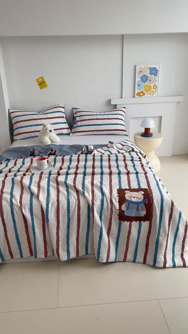 91家纺网 家纺一手货源 找家纺 （总）莱宁被业 2026新款A类全棉华夫格提花毛巾绣卡通大豆夏被